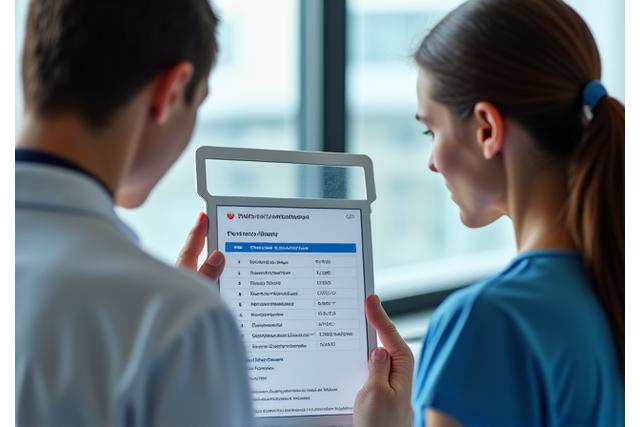 Doctor reviewing health assessment results with a patient, showing data on a tablet.
