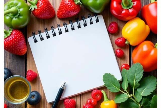 Fresh, colorful fruits and vegetables with a nutritionist's notebook, symbolizing healthy eating.